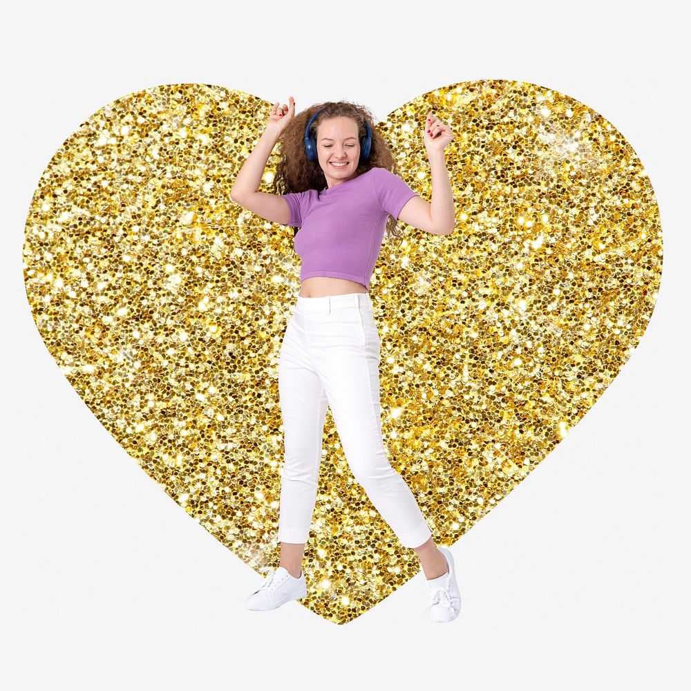 Woman dancing, gold glitter heart shape badge