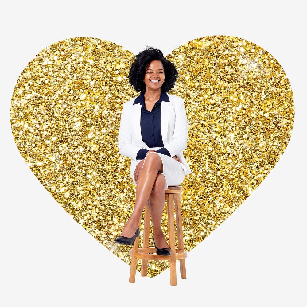 Confident businesswoman, gold glitter heart shape badge