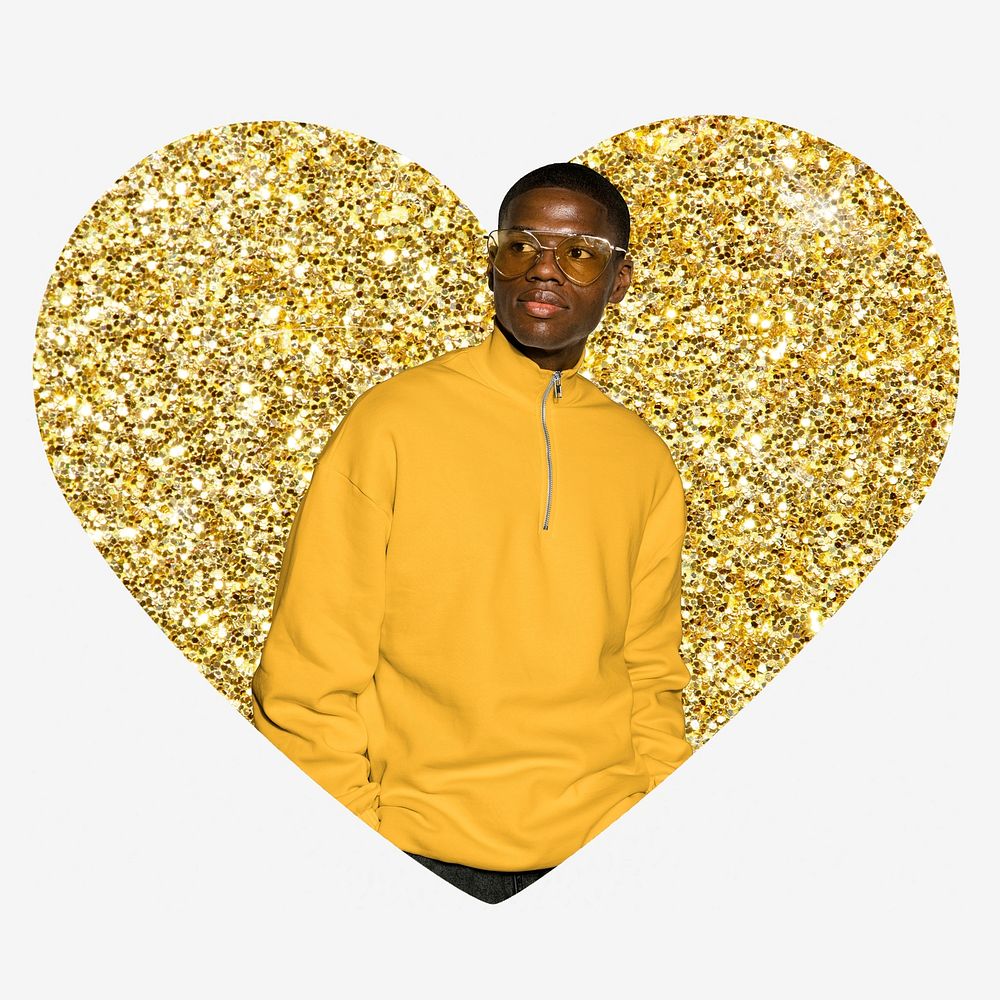 African man, fashion, gold glitter heart shape badge
