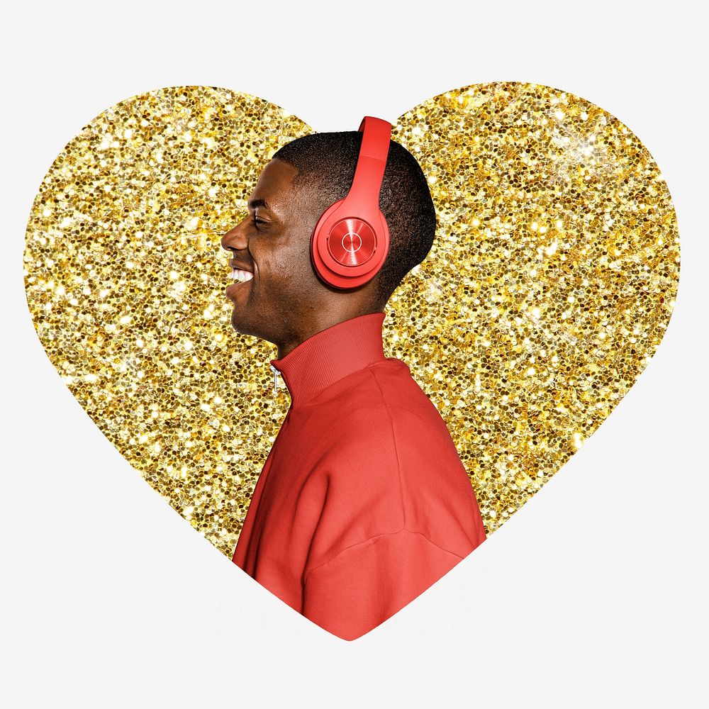 Man with headphones, gold glitter heart shape badge