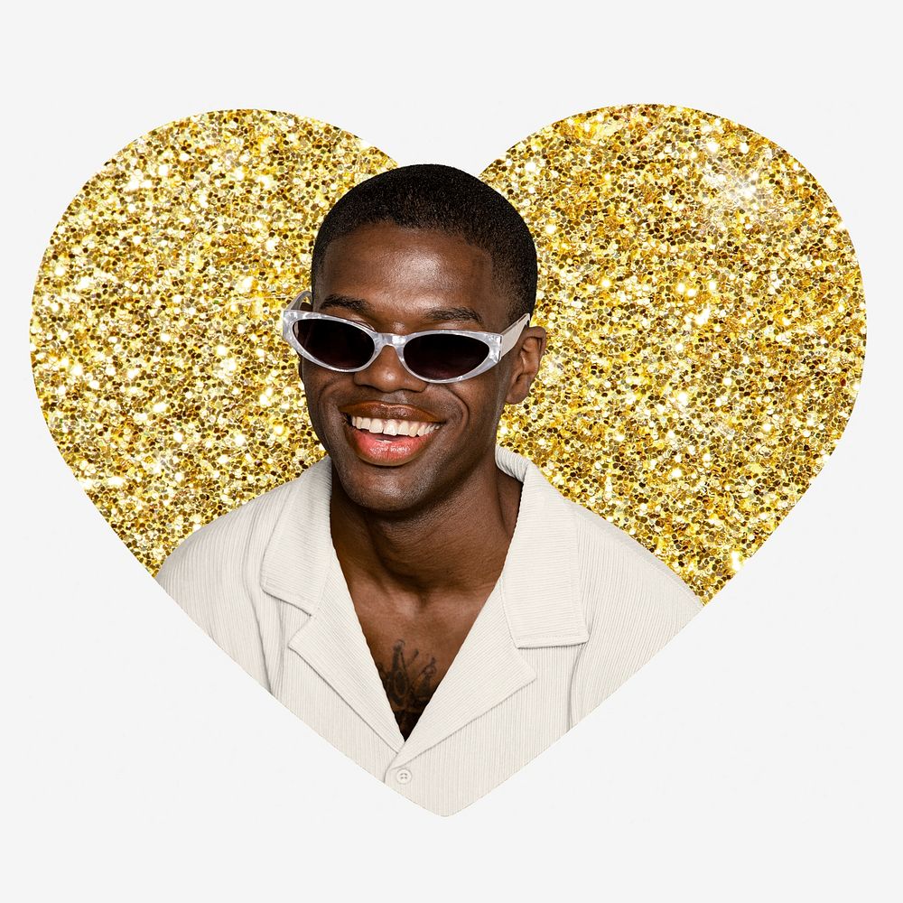 African man with shades, gold glitter heart shape badge