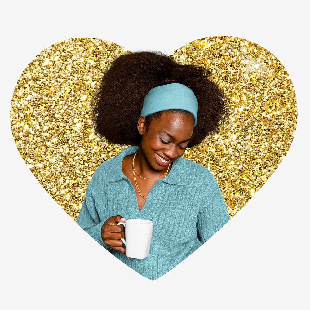 Woman drinking coffee, gold glitter heart shape badge