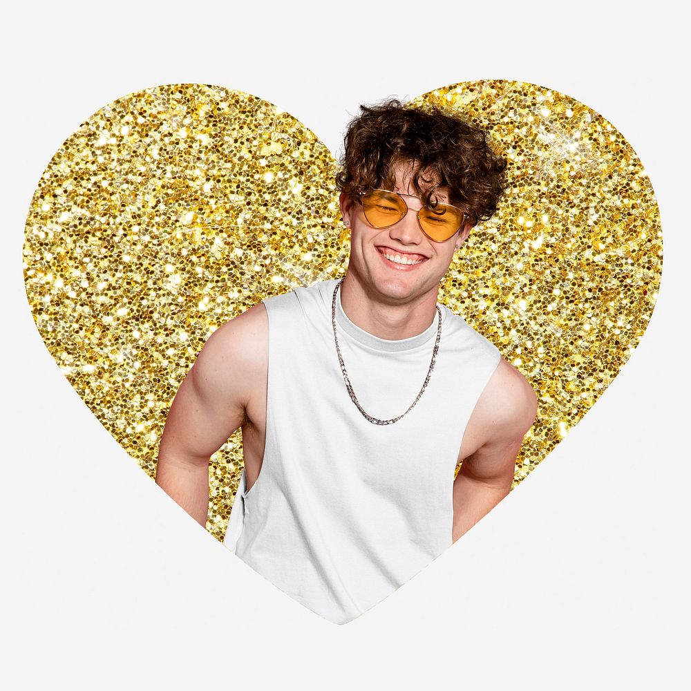 Funky man, gold glitter heart shape badge