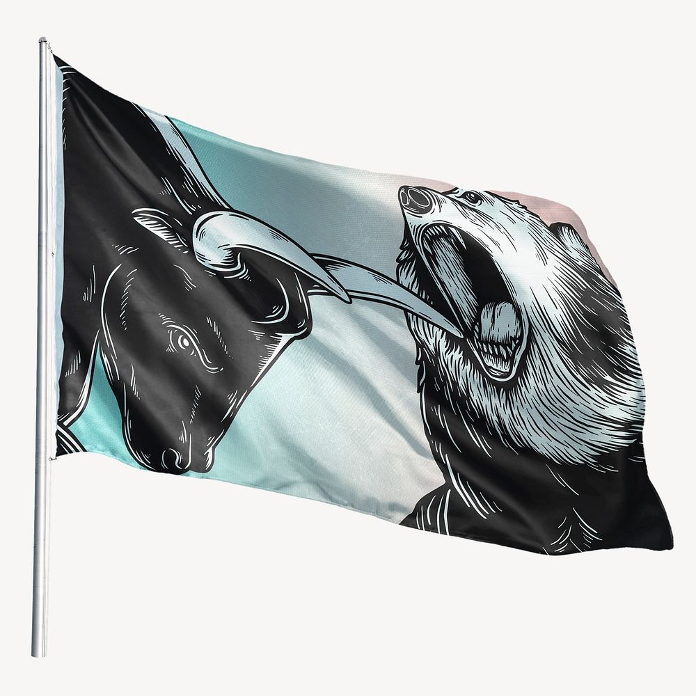 Waving bull and bear fighting flag graphic