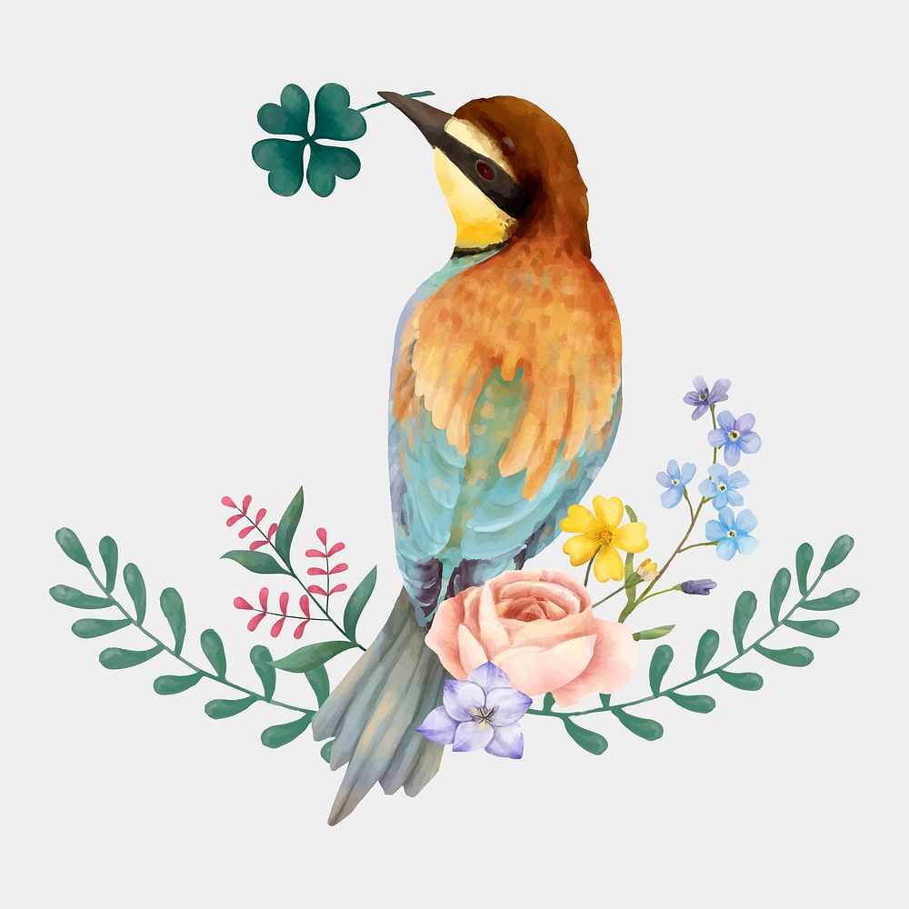 Colorful bee eater vector watercolor clipart floral illustration