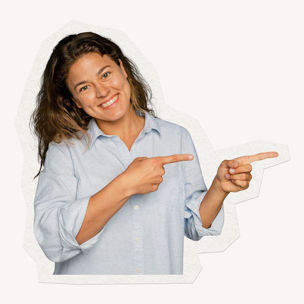 Woman pointing right sticker collage element, paper craft clipart