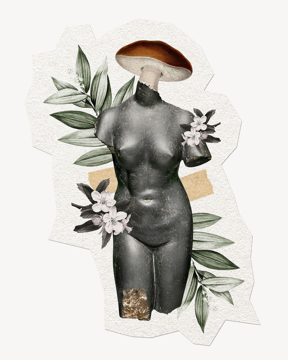 Nude sculpture, botanical illustration mixed media, digital collage art