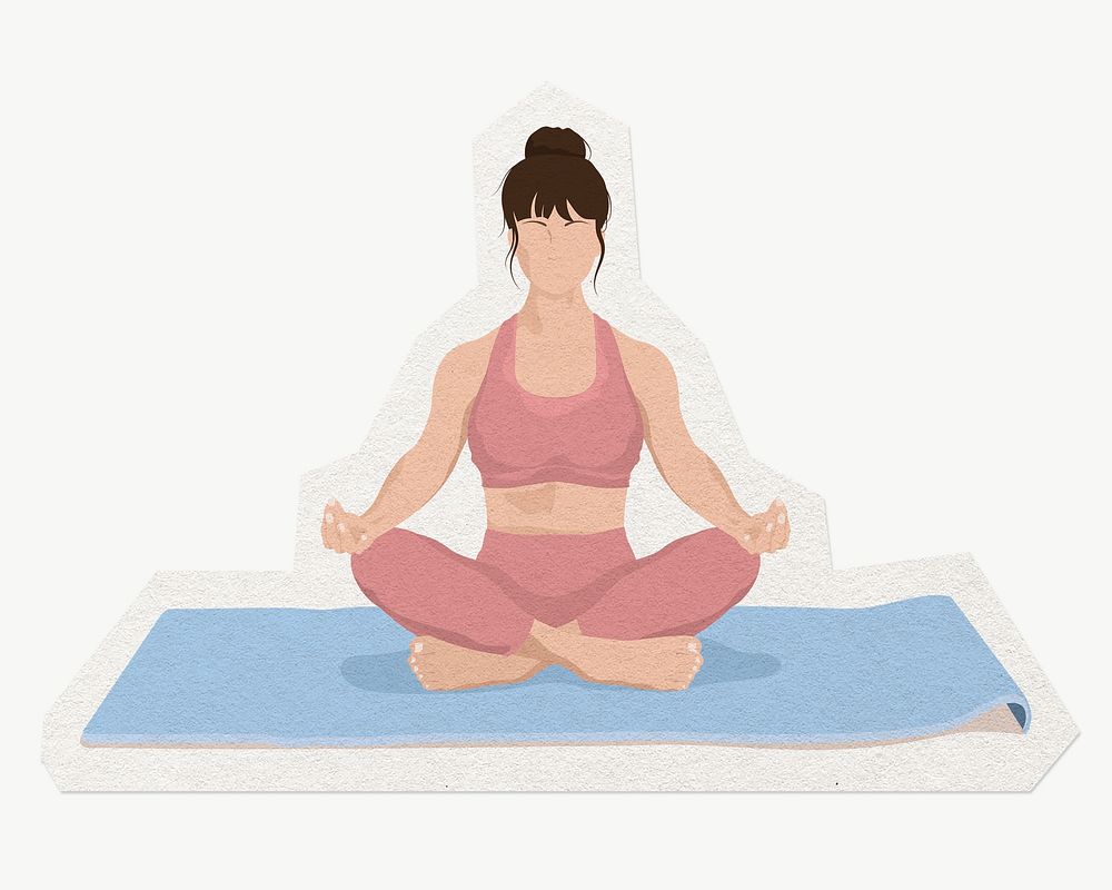 Mediation pose, healthy woman sticker collage element, paper craft clipart