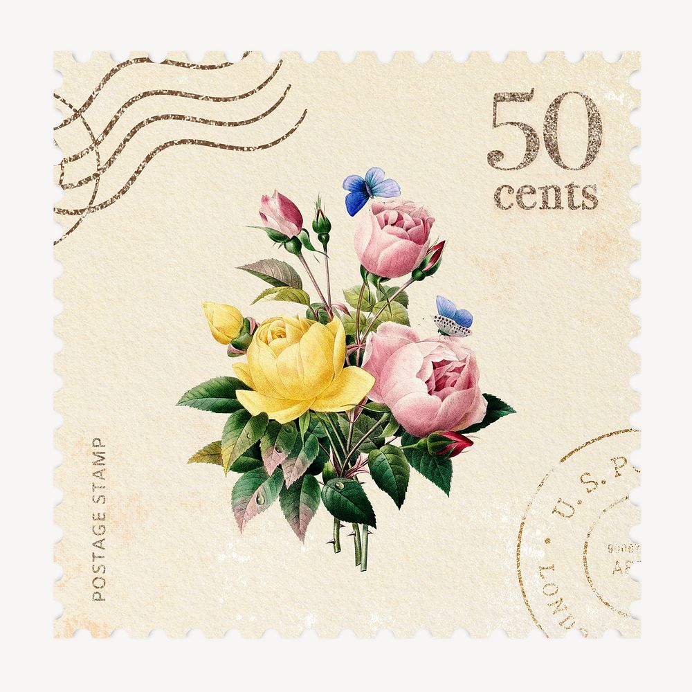 Rose bouquet postage stamp, hand drawn illustration