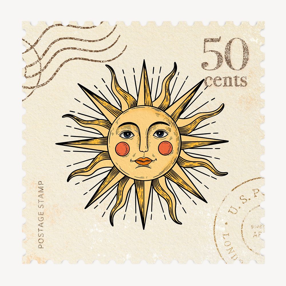 Sun face postage stamp, hand drawn illustration