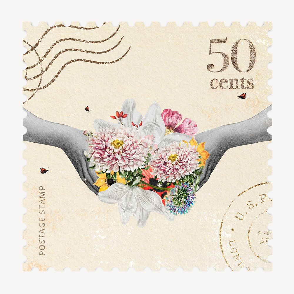 Postage stamp, flower blooming collage art