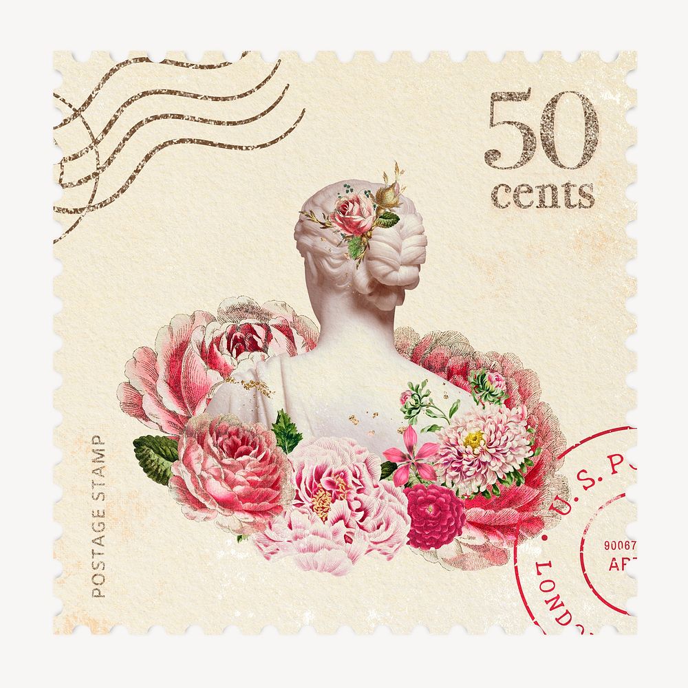 Postage stamp, blooming collage art