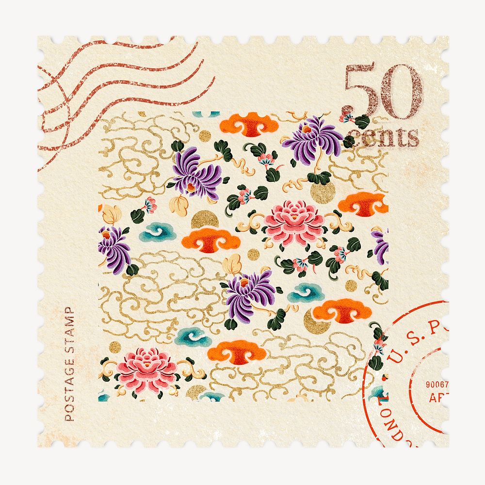 Postage stamp vintage, traditional Chinese flower pattern