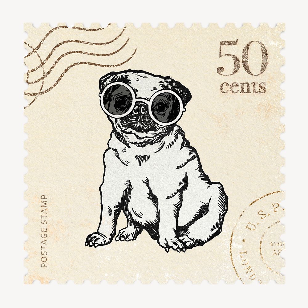 Pug postage stamp, monochrome illustration