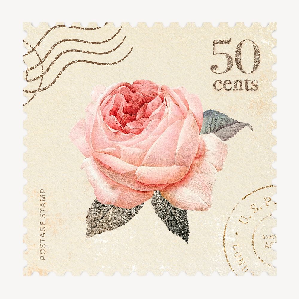 Watercolor rose postage stamp, scrapbook design