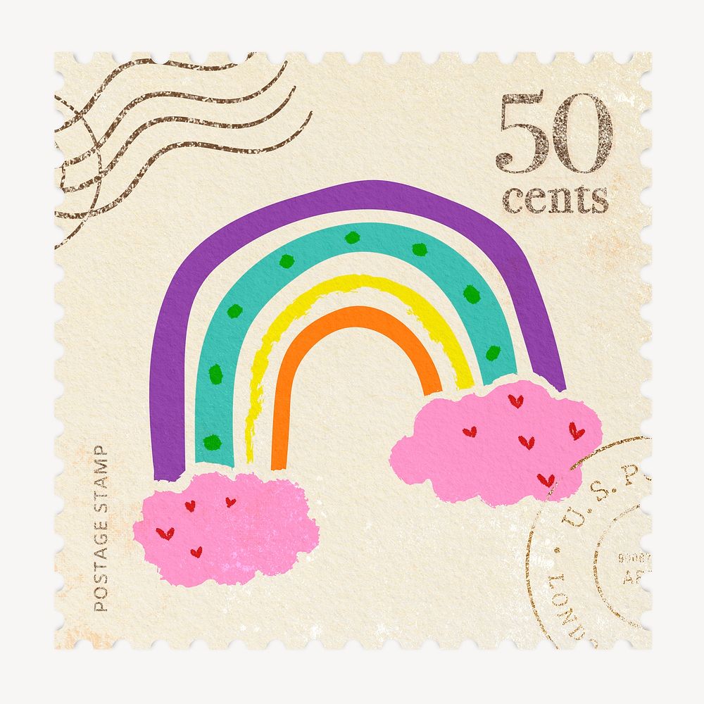 Rainbow postage stamp, colorful illustration