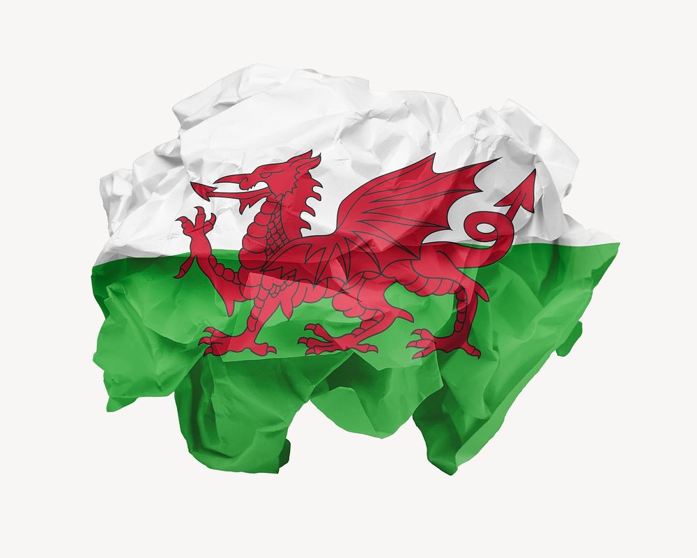 Wales flag crumpled paper, national symbol graphic