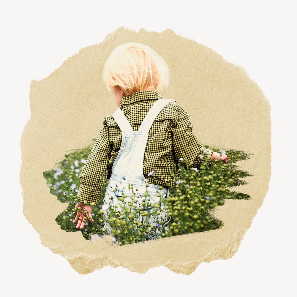 Little boy in Spring, ripped paper collage element