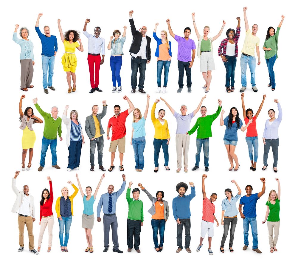 Multi-Ethnic Group of People in a Row with Arms Raised