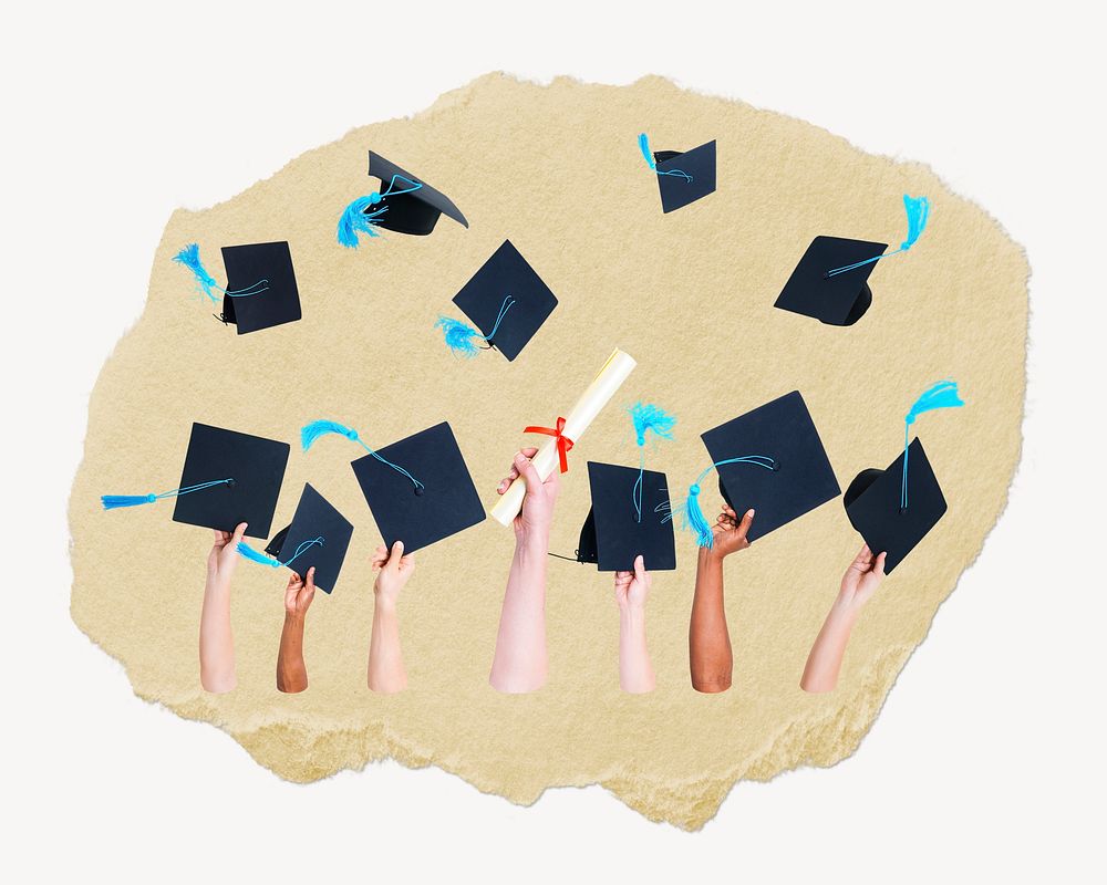 Hands throwing graduation hats ripped paper, education graphic