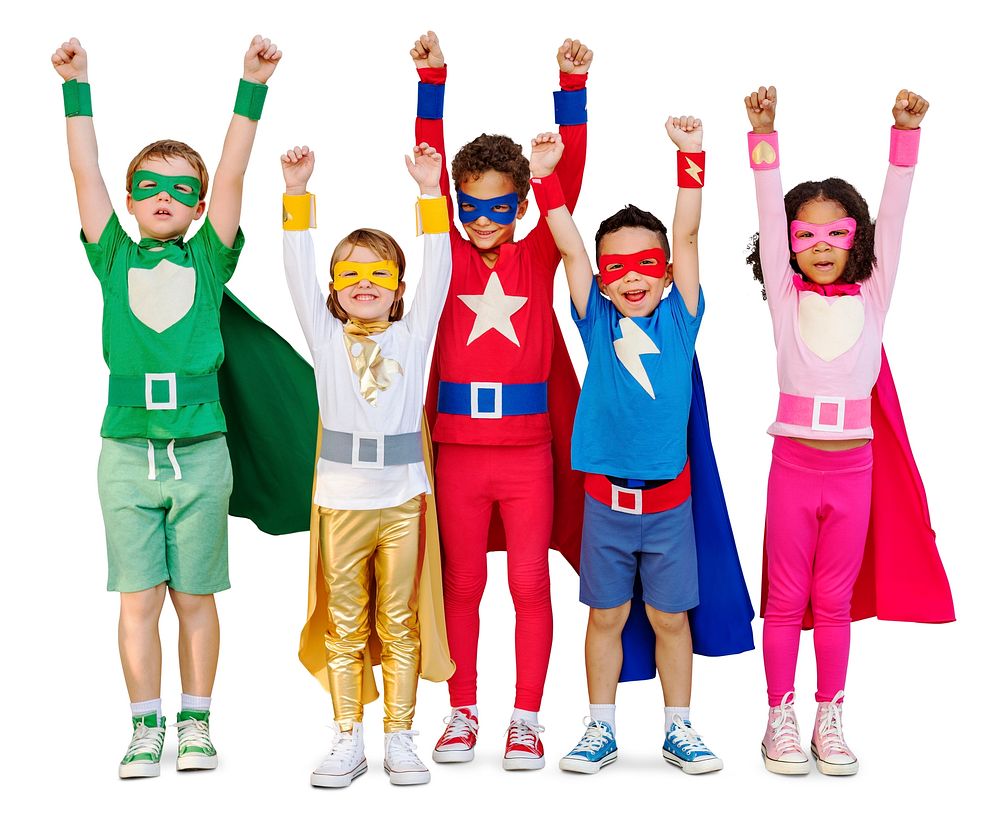 Superhero kids sticker, children's education isolated image psd