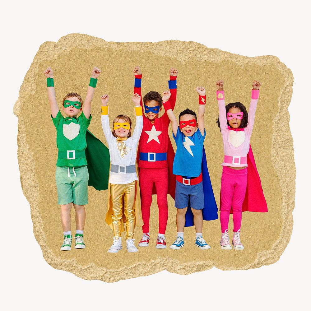 Superhero kids, children's education, ripped paper collage element