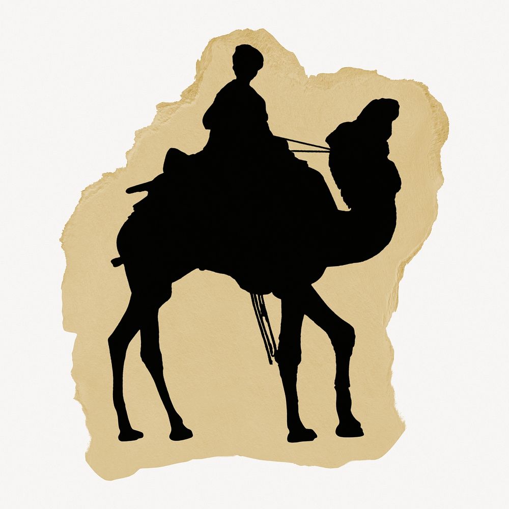 Camel rider silhouette, ripped paper collage element