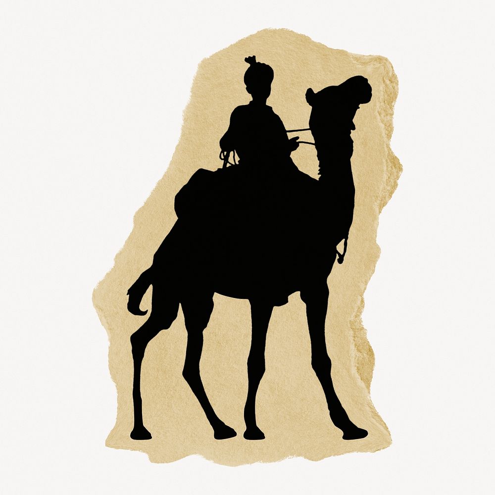 Camel rider silhouette, ripped paper collage element