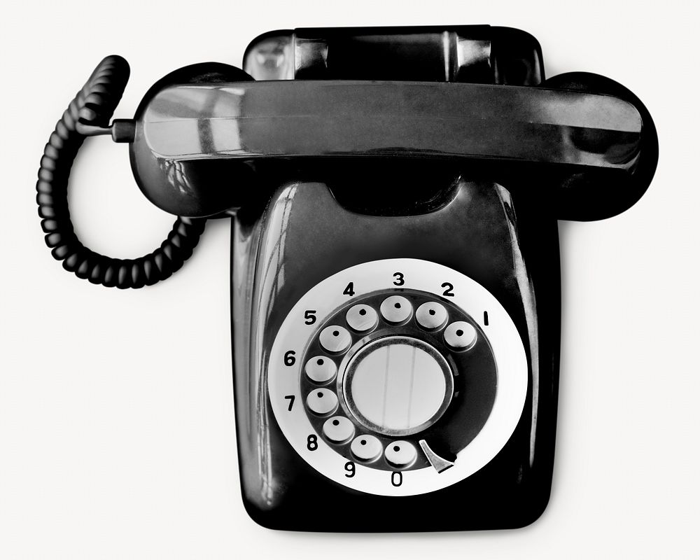 Black rotary telephone, retro object isolated image