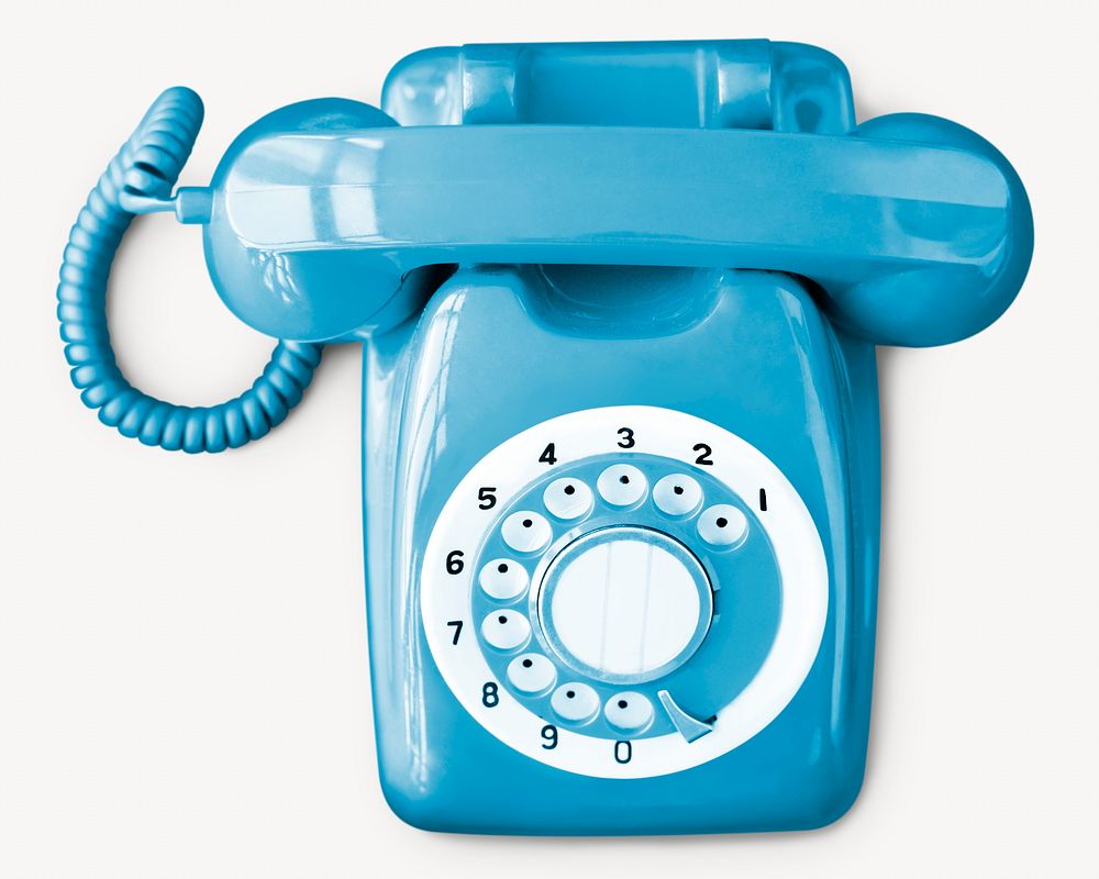 Blue rotary telephone, retro object isolated image