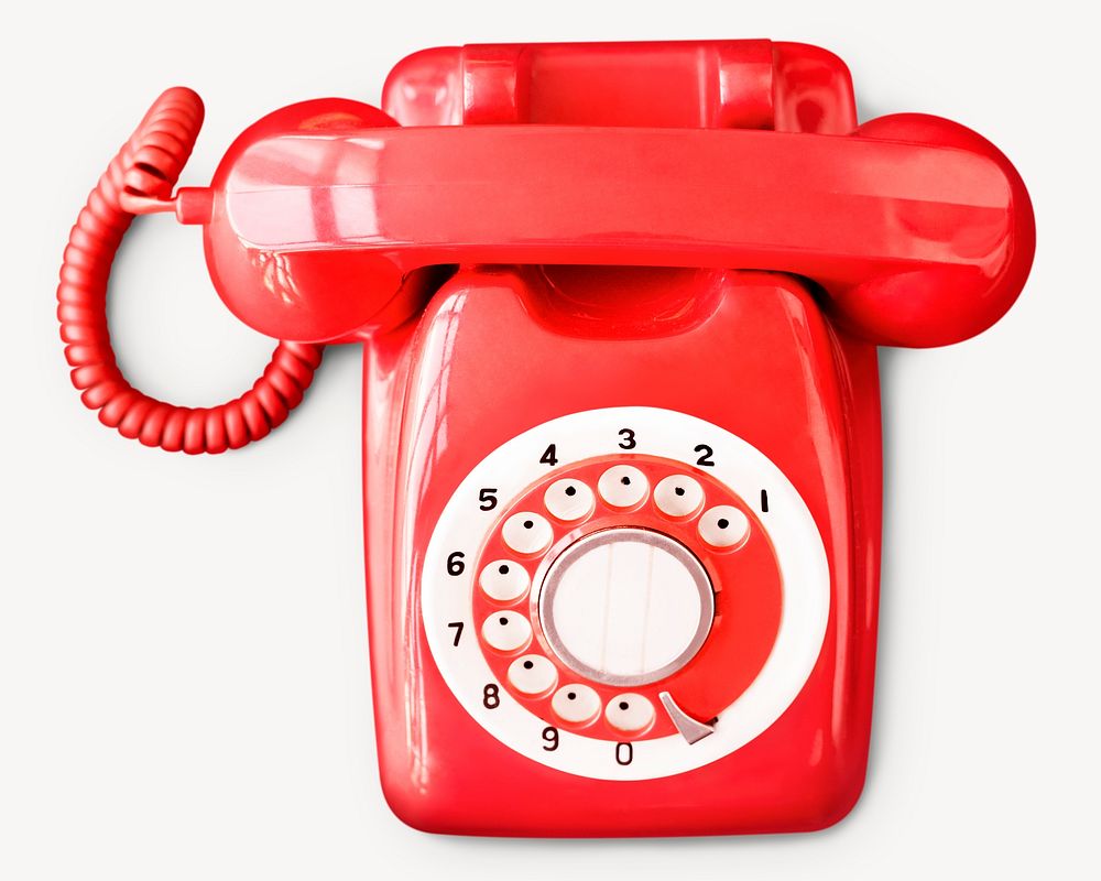 Red rotary telephone, retro object isolated image psd