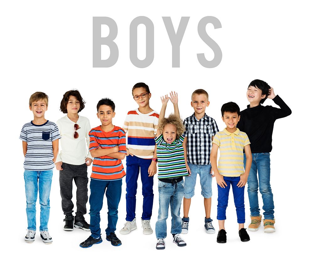 Diverse of Young Boys Set Gesture Standing Together Studio Isolated