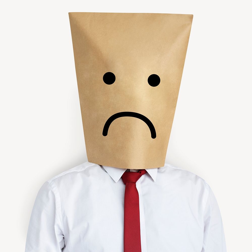 Sad bag covering businessman's head, mental health isolated image psd