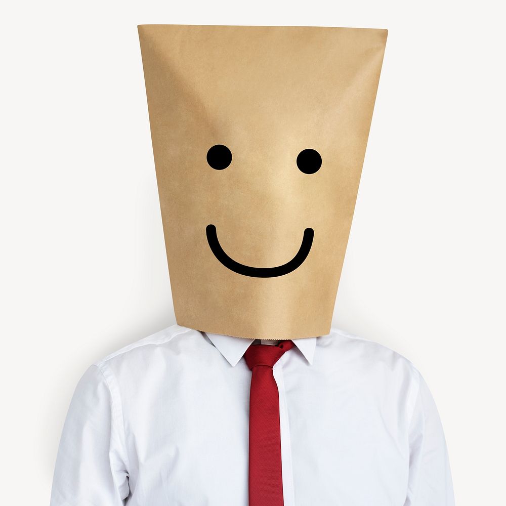 Happy bag covering businessman's head, mental health isolated image psd