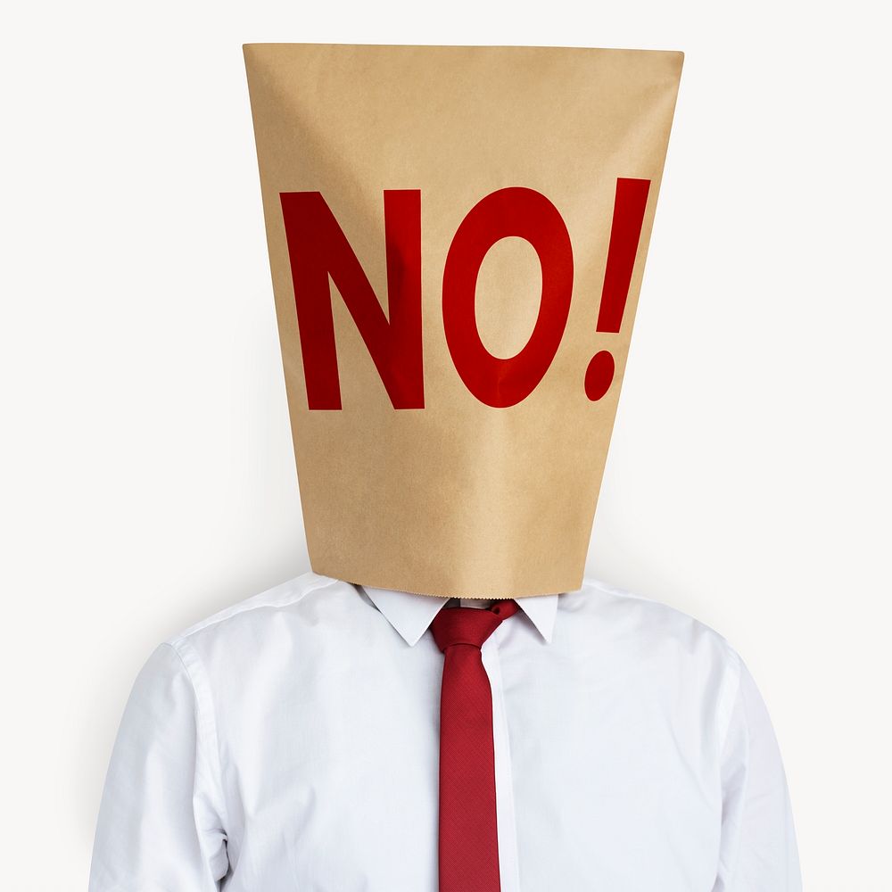 NO! bag covering businessman's head isolated image