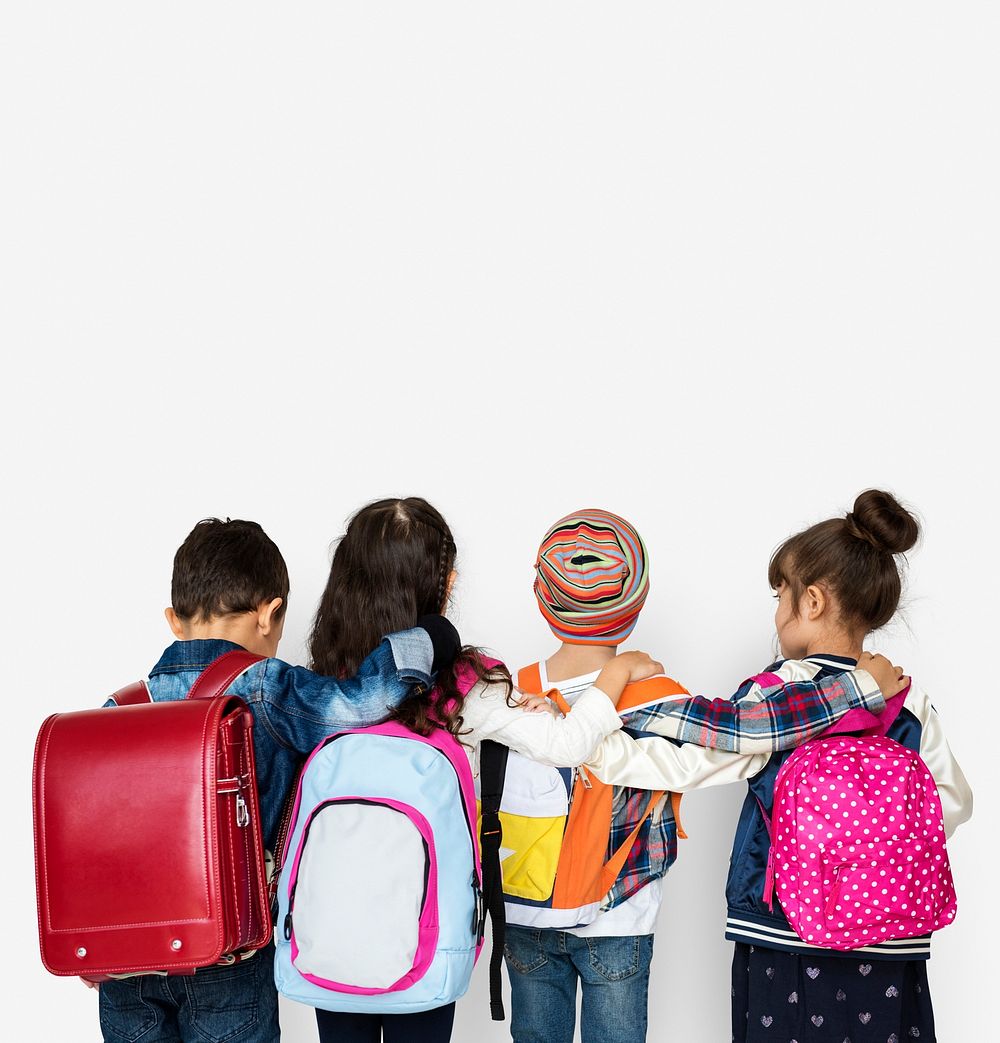 Group of Schoolers Kids with Backpack Behind Rear View on White Blackground