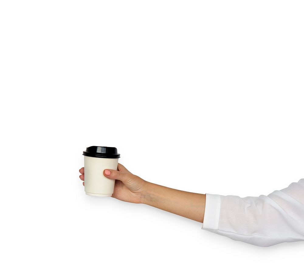 Woman Hold Hot Coffee Paper Cup White Background