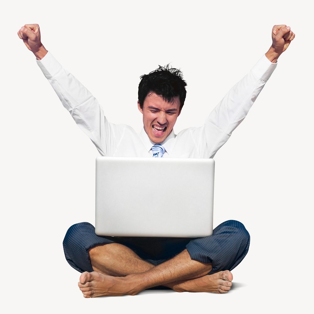 Businessman cheering with laptop, hiring, job, employment isolated image psd