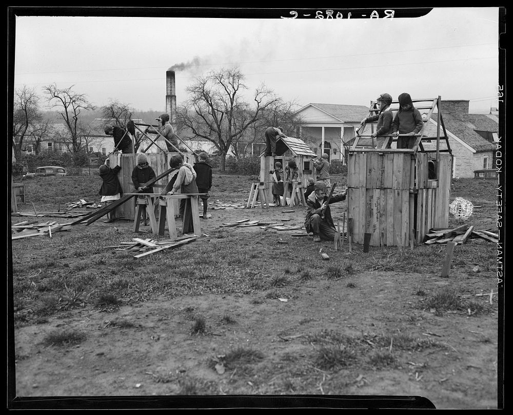 Schoolchildren building houses. Reedsville, West Virginia. Sourced from the Library of Congress.