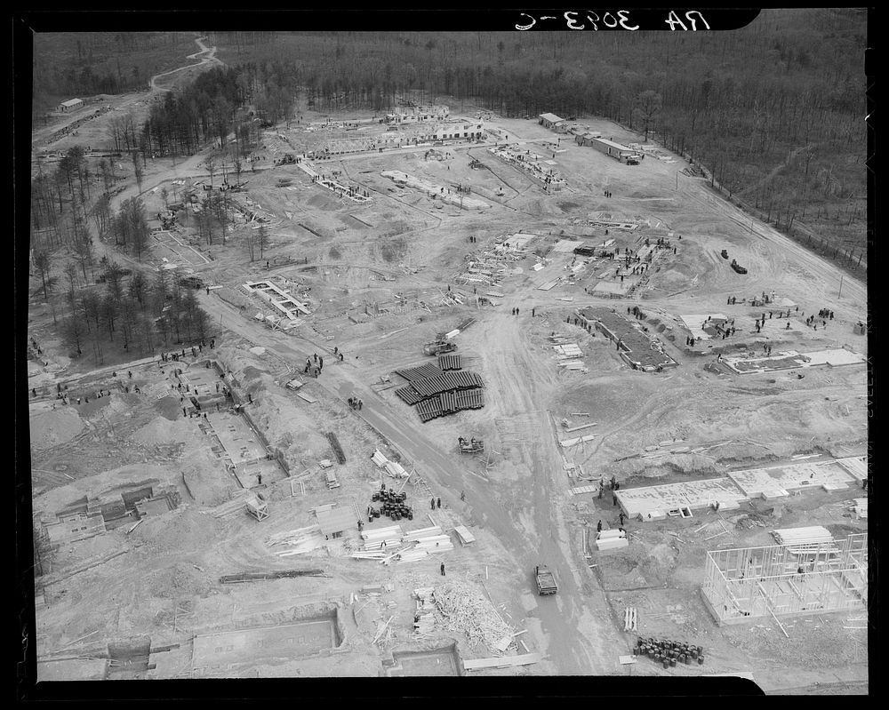 View of Greenbelt, Maryland, taken from the Goodyear blimp. Sourced from the Library of Congress.