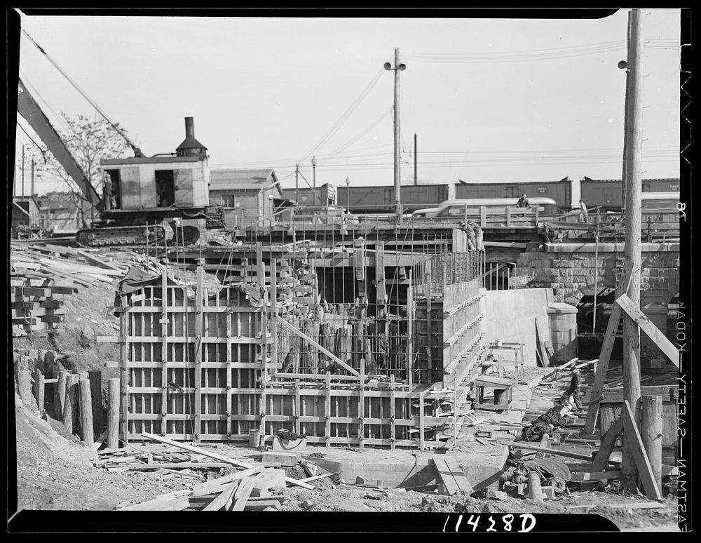 Washington, D.C. Construction of a bridge and road near Independence Avenue and 14th and 16th Streets, S.W. Bridge pier…