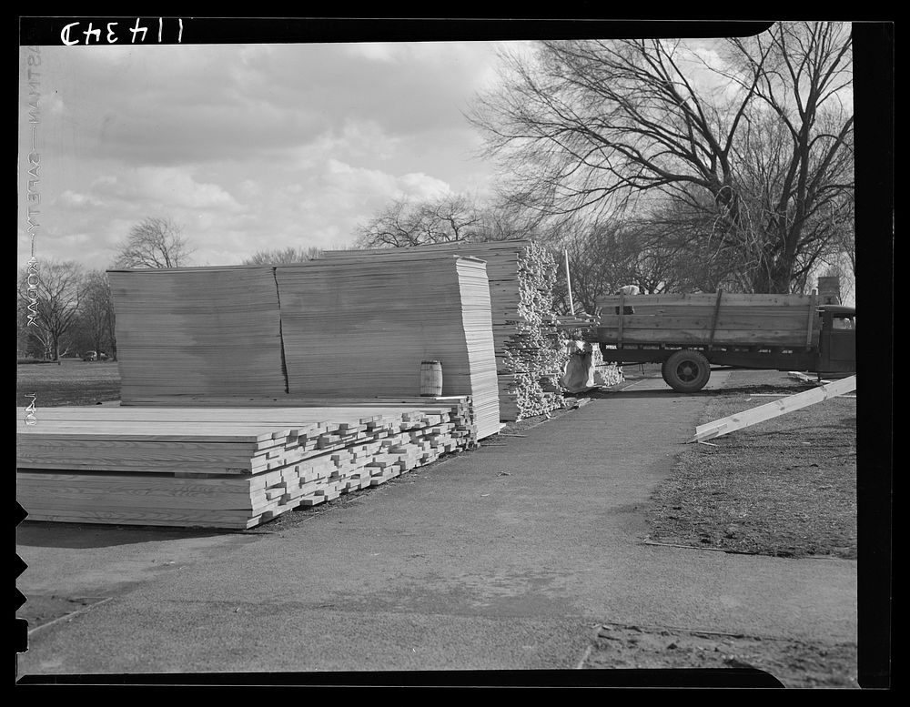 Washington, D.C. Construction of a bridge and road near Independence Avenue and 14th and 16th Streets, S.W. Piles of lumber…