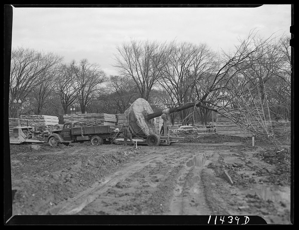 Washington, D.C. Construction of temporary war emergency buildings on the Mall, near 16th and 17th Streets, N.W. Trees being…