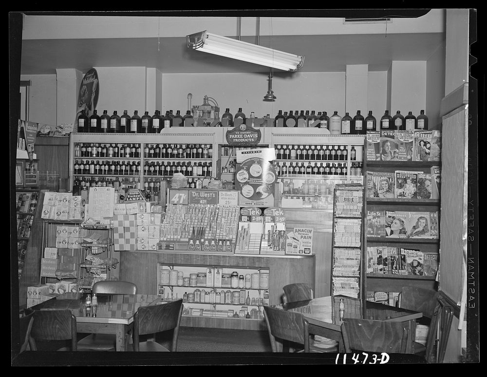 Washington, D.C. Interior of a drugstore on 14th Street, N.W.. Sourced from the Library of Congress.