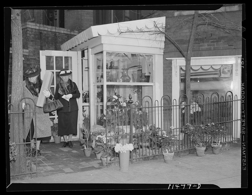 Washington, D.C. Florist's shop on Dupont Circle with a lady carrying a box of flowers. Sourced from the Library of Congress.