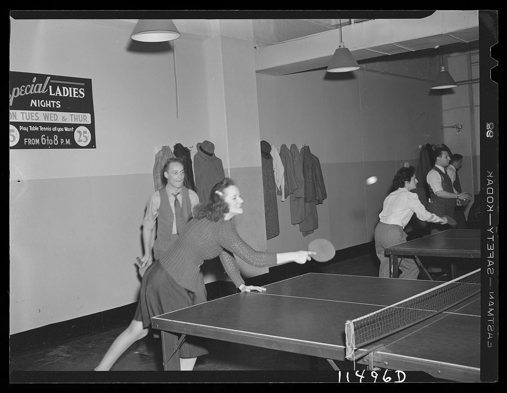 Washington, D.C. Playing table tennis at the Chevy Chase Bowling Alley on Connecticut Avenue. Sourced from the Library of…