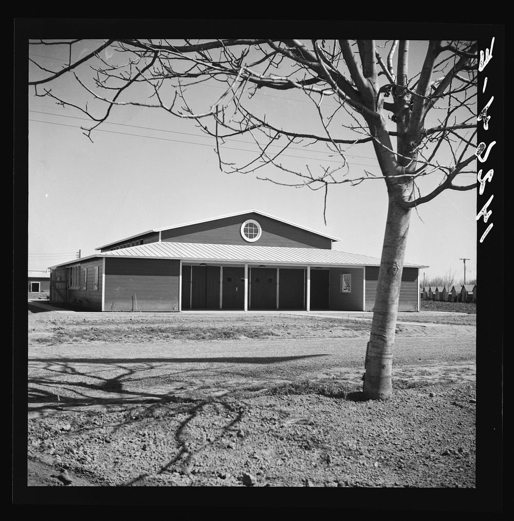 Visalia, California. Community building at the Farm Security Administration Tulare camp for migratory workers. Sourced from…