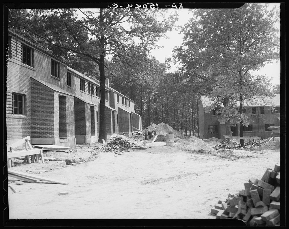 Row houses under construction. Greenbelt, Maryland. Sourced from the Library of Congress.