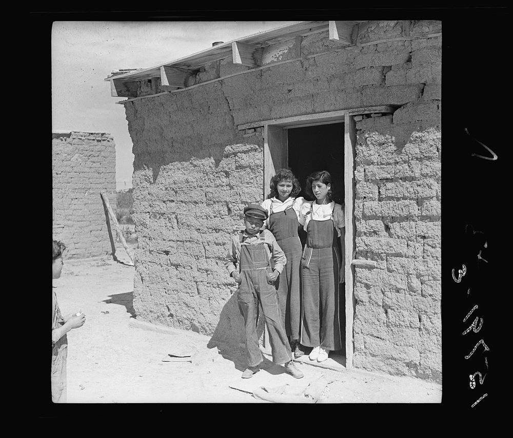Two sisters and brother before their house. Great Western Sugar Company's beet sugar workers' colony at Hudson, Colorado.…