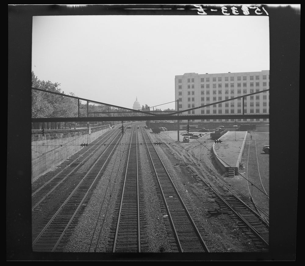 [Railroad tracks with view of Capitol in background, Washington, D.C.]. Sourced from the Library of Congress.